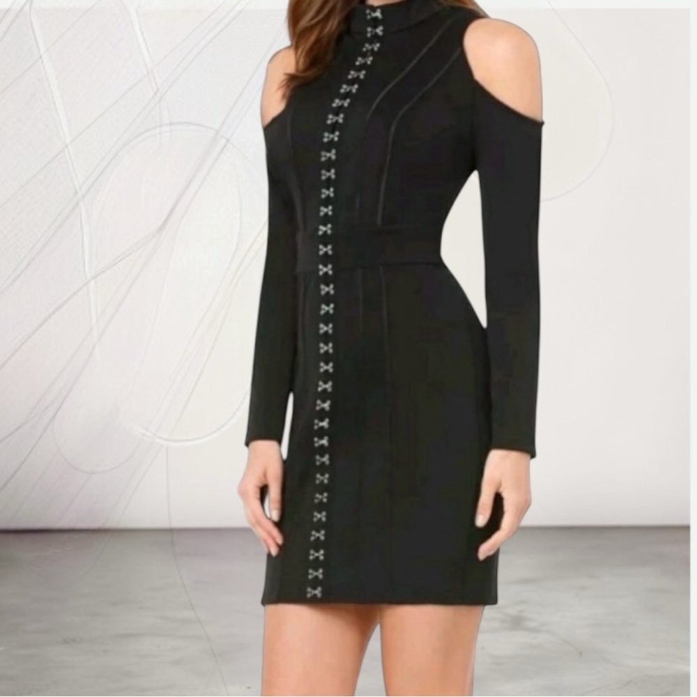 NWT BEBE Hook & Eye Off Shoulder Bandage Dress Exposed Back Zipper Black Large - Picture 2 of 16